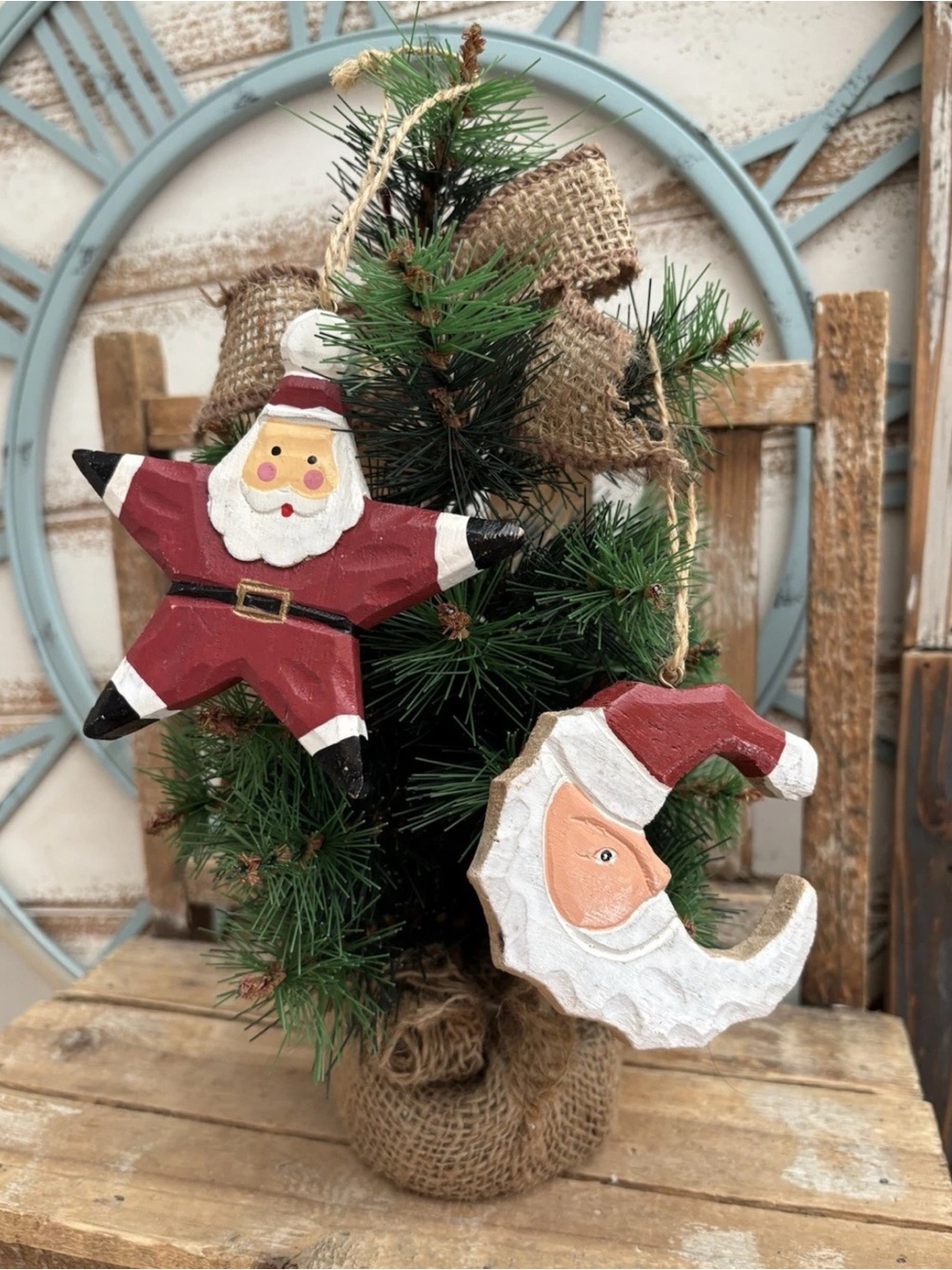 Vintage Primitive Folk Art Handmade Wooden Set Of 2 Christmas Ornaments NEW!